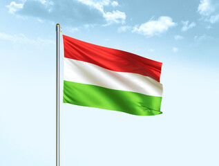 Hungary national flag waving in blue sky with clouds. Hungary flag. 3D illustration