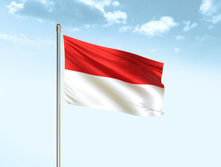 Indonesia national flag waving in blue sky with clouds. Indonesia flag. 3D illustration