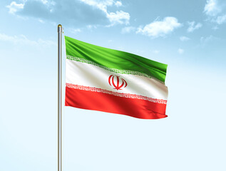 Iran national flag waving in blue sky with clouds. Iran flag. 3D illustration
