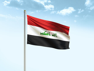 Iraq national flag waving in blue sky with clouds. Iraq flag. 3D illustration