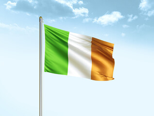 Ireland national flag waving in blue sky with clouds. Ireland flag. 3D illustration