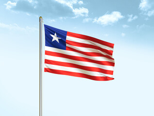 Liberia national flag waving in blue sky with clouds. Liberia flag. 3D illustration