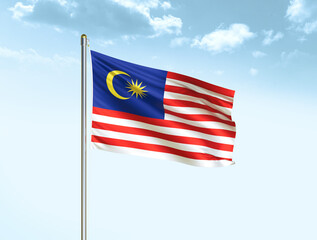 Malaysia national flag waving in blue sky with clouds. Malaysia flag. 3D illustration