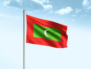 Maldives national flag waving in blue sky with clouds. Maldives flag. 3D illustration