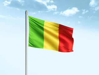 Mali national flag waving in blue sky with clouds. Mali flag. 3D illustration