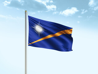 Marshall Islands national flag waving in blue sky with clouds. Marshall Islands flag. 3D illustration