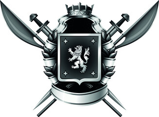 black and white coat of arms with crown, shield, arms and ribbon