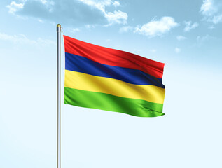 Mauritius national flag waving in blue sky with clouds. Mauritius flag. 3D illustration
