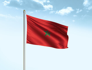 Fototapeta na wymiar Morocco national flag waving in blue sky with clouds. Morocco flag. 3D illustration