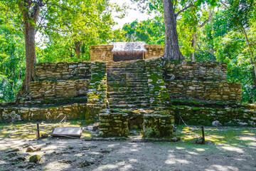 Ancient Mayan site with temple ruins pyramids artifacts Muyil Mexico.