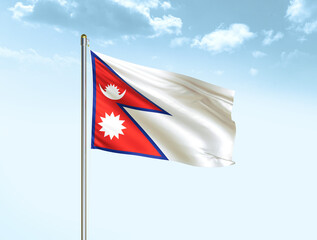 Nepal national flag waving in blue sky with clouds. Nepal flag. 3D illustration