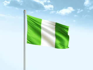 Nigeria national flag waving in blue sky with clouds. Nigeria flag. 3D illustration