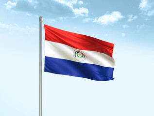 Paraguay national flag waving in blue sky with clouds. Paraguay flag. 3D illustration