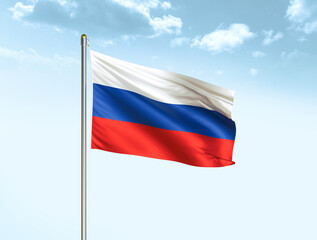 Fototapeta na wymiar Russia national flag waving in blue sky with clouds. Russia flag. 3D illustration