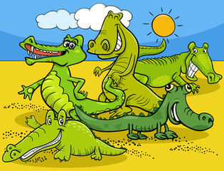 funny cartoon crocodiles wild animal characters group
