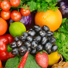 Bright background from various vegetables and fruits.