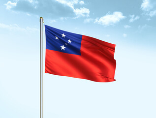 Samoa national flag waving in blue sky with clouds. Samoa flag. 3D illustration