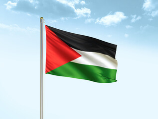 State of Palestine national flag waving in blue sky with clouds. Palestine flag. 3D illustration
