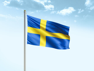 Sweden national flag waving in blue sky with clouds. Sweden flag. 3D illustration