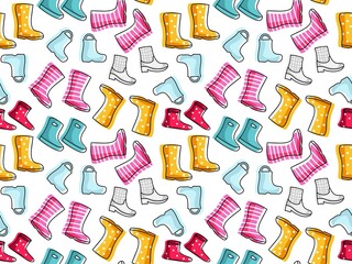 Seamless pattern with Rubber Boots. Different colors and shape boots. Foot protection. Cartoon cute rubber boots pairs icon. Repeated Vector illustration for wallpaper, textile, packaging
