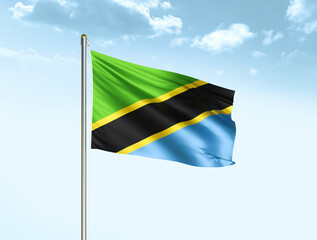 Tanzania national flag waving in blue sky with clouds. Tanzania flag. 3D illustration