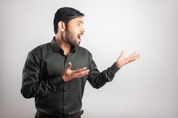 formal dressed indian man surprised expression isolated in white background