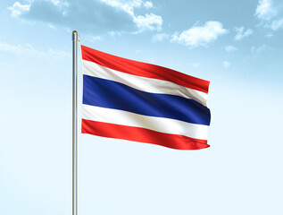 Thailand national flag waving in blue sky with clouds. Thailand flag. 3D illustration