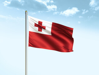 Tonga national flag waving in blue sky with clouds. Tonga flag. 3D illustration