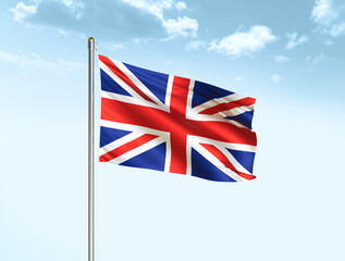 Great Britain national flag waving in blue sky with clouds. UK flag. 3D illustration