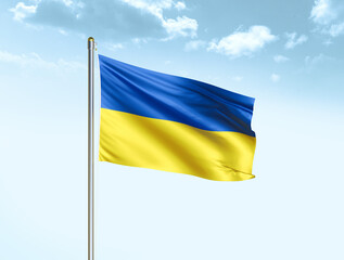 Ukraine national flag waving in blue sky with clouds. Ukraine flag. 3D illustration