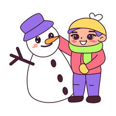 Isolated boy snowman winter kids play enjoy vector illustation