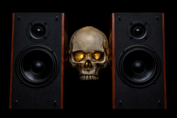 Human skull and audio speakers