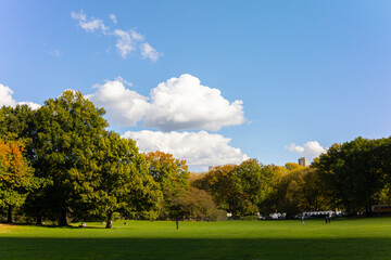 Clouds float over the rows of trees around the Sheep Meadow in Central Park in autumn on November 03, 2021 in New York City NY USA. 