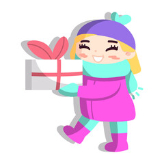 Isolated girl gift snow winter kids play enjoy vector illustation