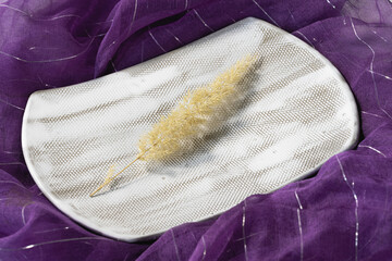 Textured ceramic dish with a sprig of pampas grass on a purple background made of transparent fabric. Close-up, decorative design..