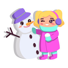 Isolated girl snowman winter kids play enjoy vector illustation