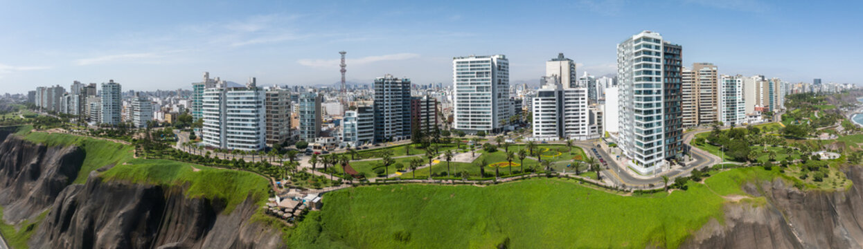 Lima, Peru: Aerial panoramic image of buildings in Miraflores district