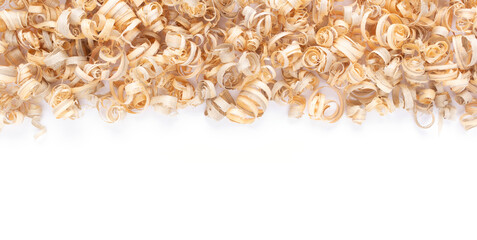 Wooden shavings isolated at white background. Wood shaving isolate