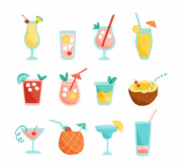 Vector set of tropical cocktails. Collection of hand drawn drinks for summertime in trendy retro style. Isolated design elements on white background.