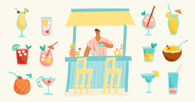 Collection of tropical cocktails in trendy retro style. Vector illustration of alcoholic summer drinks with a beach bar and a male bartender.