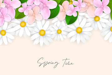 Spring Time banner or flyer background. Tender white daisy, pink and orange flowers design with handwritten lettering. Vector illustration.