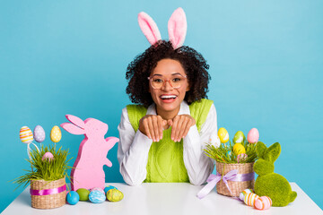 Photo of beautiful girl in casual clothes celebrate easter wear bunny ears headband isolated on blue color background