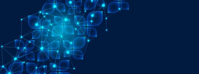 Fototapeta premium Vector blue neon frame background. Design transparent glass petals, geometric shapes. Texture plexus digital network. Connect lines, dots, glowing star. Poster technology, medicine, science, business.