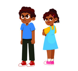 Vector illustration of a very angry boy and girl standing in a pose, arms crossed, with a disgruntled look on them face. aggressive children 
