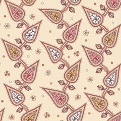 Mehndi pattern of Henna flower and leaves hand drawn tattoo elements. Floral paisley background in oriental, Indian, folk or ethnic style. Seamless print with buta or turkish cucumber