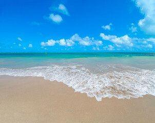 Fototapeta premium Beautiful landscape with the sea water hitting the sand of the beach calmly on a beautiful sea beach in cyan tones on a beautiful blue sky day. Barra Grande beach, Maragogi - AL, Brazil.