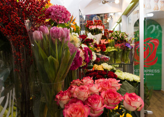 beautiful bright interior of a flower shop in Ukraine with bouquets collected by professional florists