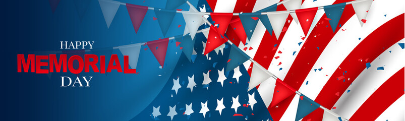 Memorial Day banner, website or newsletter header. Background with American national flag and bunting. United States of America holiday. Vector illustration.