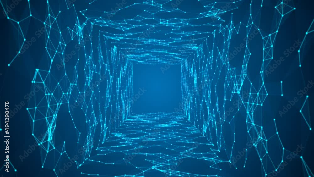Poster animated blue intro background logo frame. design moving mosaic tunnel. texture glowing neon connect