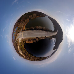 Planet little. Planet Earth. Little planet with trees, river and speed road. Tiny planet with blue...